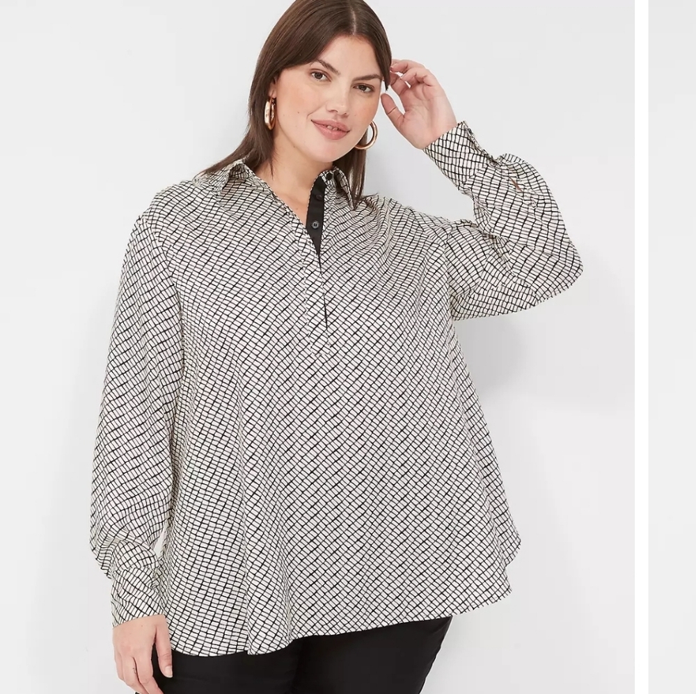 NWT Collared Step-Hem Ivory Black & White Blocks Blouse 1X